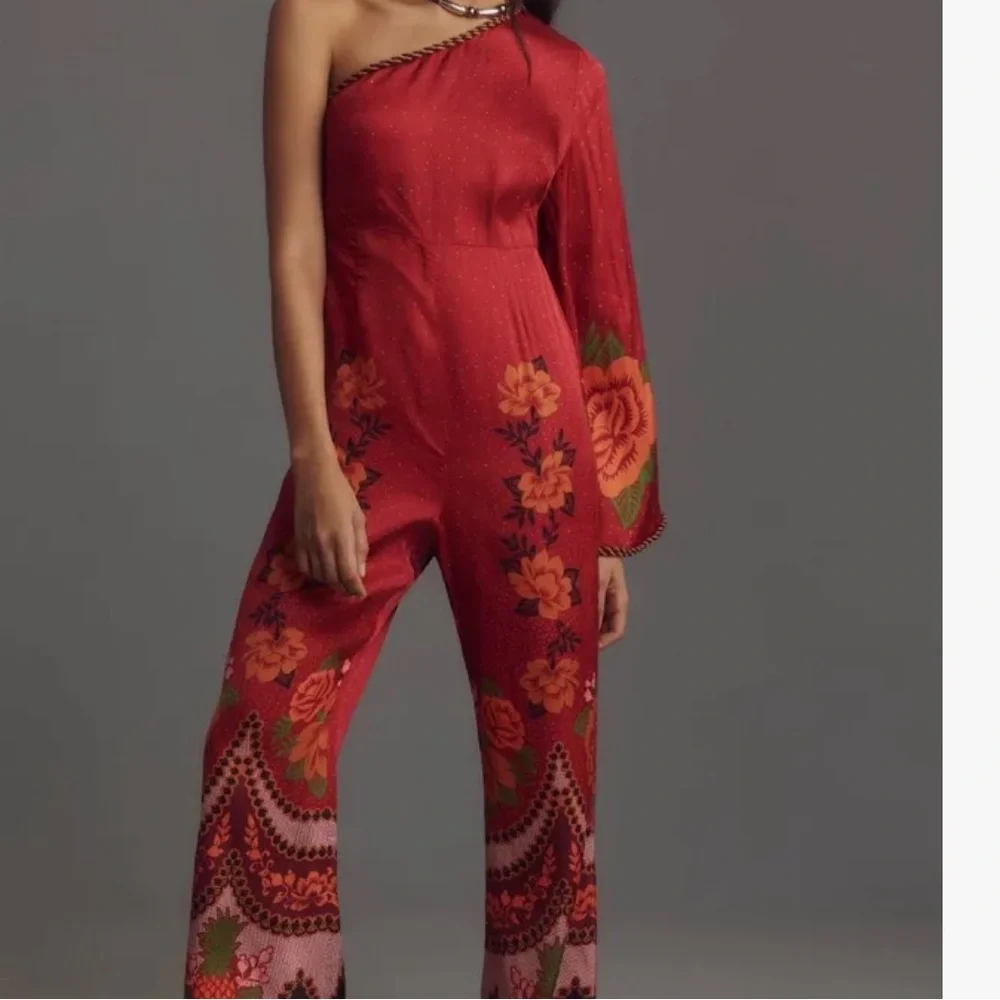 Farm Rio x Anthropologie Red Floral One-Shoulder Jumpsuit - Picture 1 of 8